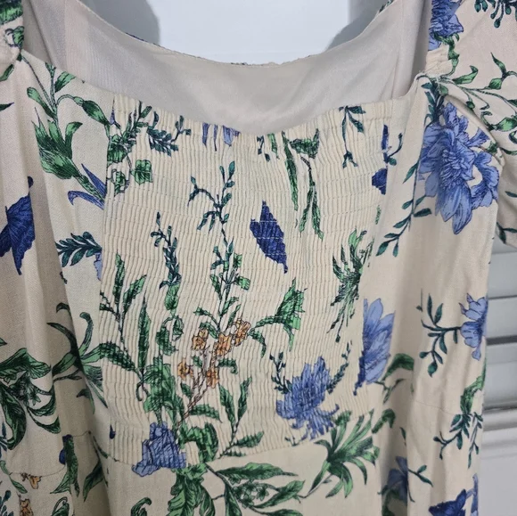 London Times Linen Blend Floral-Print Puff-Sleeve Midi Dress Sz 16 Smocked Back - Picture 15 of 15